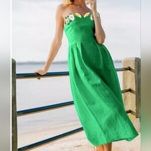 Fanm Mon Midi Dress XL Kelly Green 100%Linen Full Bloom Lorr Long Floral New$360